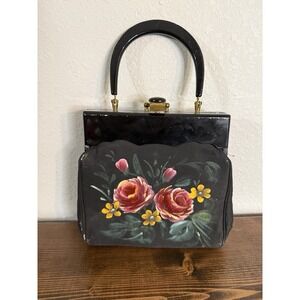Vintage 1950s/60s Black Lucite & Fabric MOD Purse Claire Fashions Floral